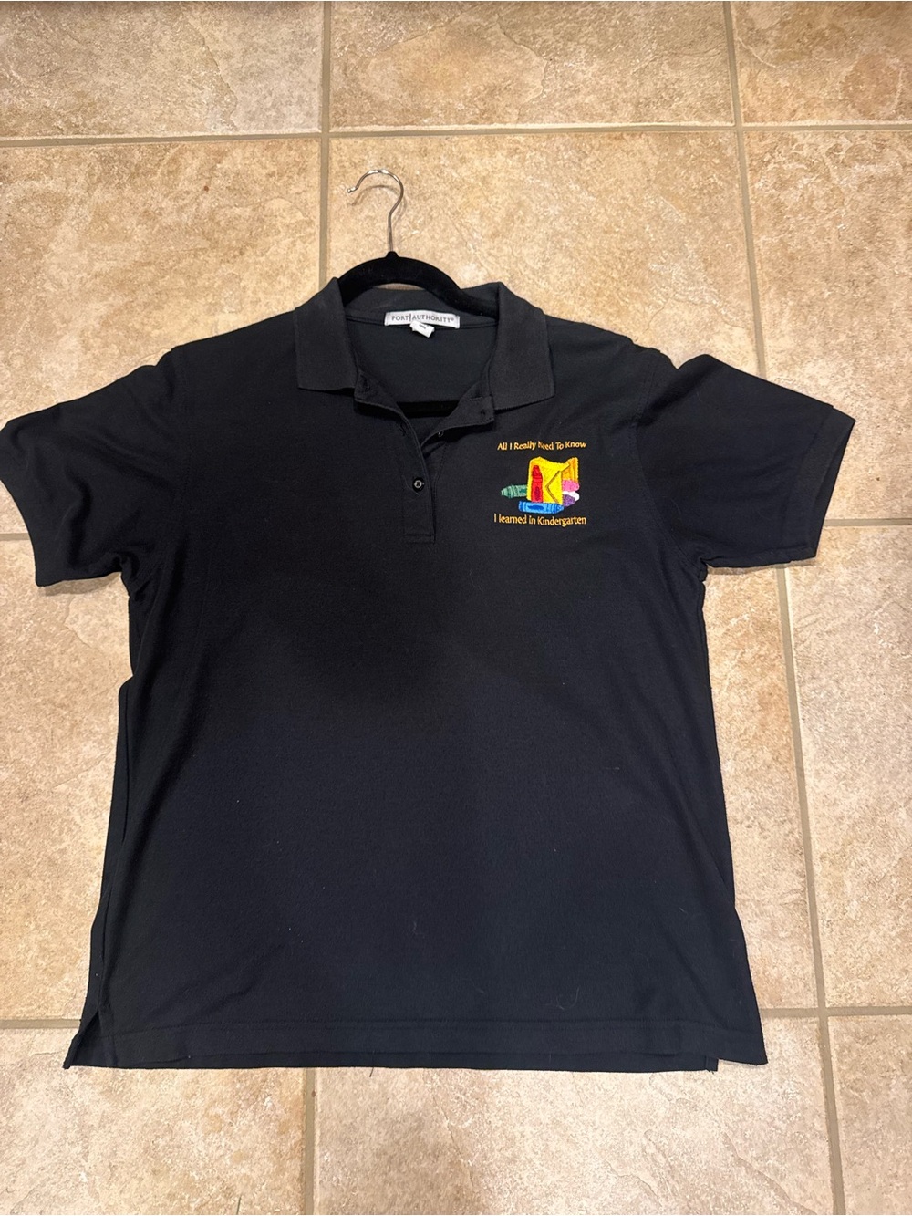 Port Authority Teacher Black Polo with Small Colorful Crayon Embroidery